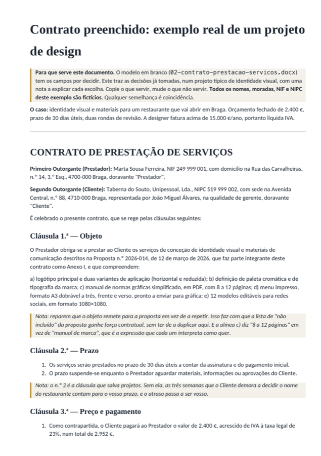 Primeira página do contrato preenchido